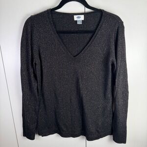 Old Navy Womens M Black Gold‎ Sparkle V Neck Long Sleeve Sweater Holiday Party